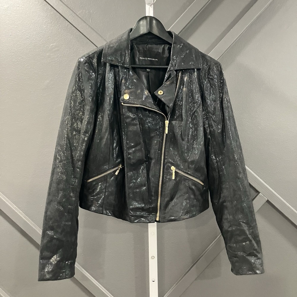 Rock & Republic Moto Jacket Black Shimmer Faux Leather Gold Zip Women's Large